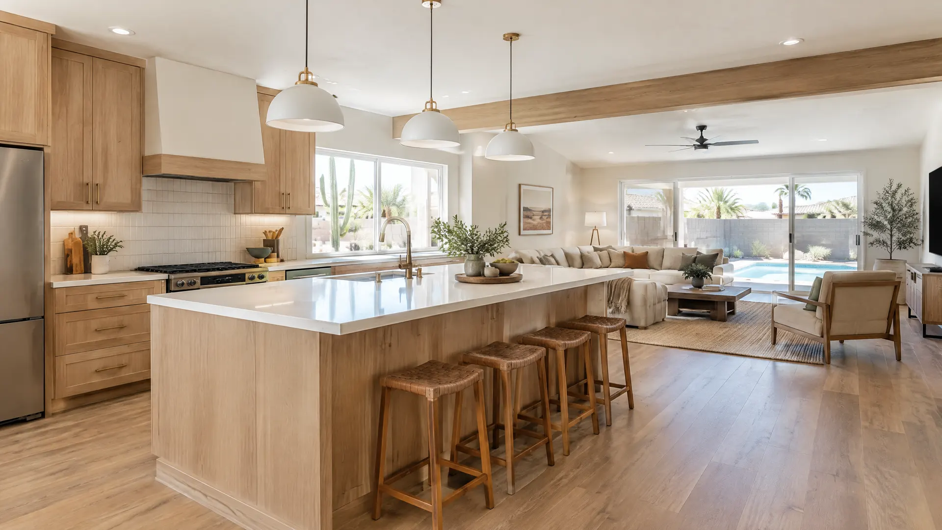 Remodeled kitchen in a 1970s single-story ranch home, wall removed to the family room, new island and light wood cabinets