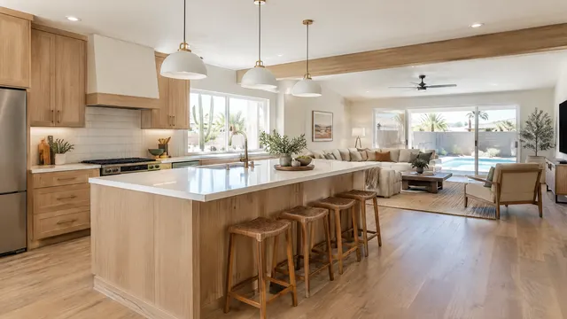 Remodeled kitchen in a 1970s single-story ranch home, wall removed to the family room, new island and light wood cabinets