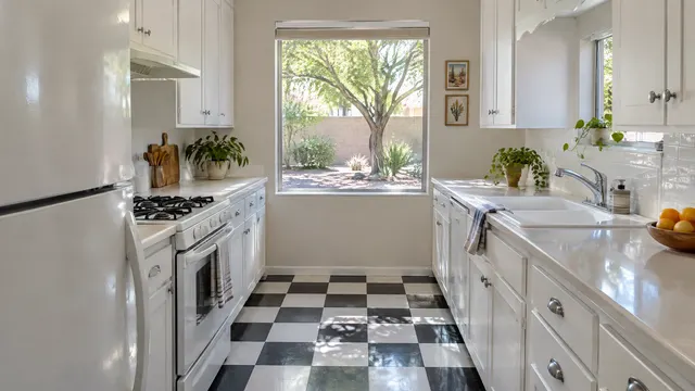Small remodeled galley kitchen in a 1950s brick bungalow near the university in Tempe, with classic white cabinets, checkerboard floor and a window to a shaded yard