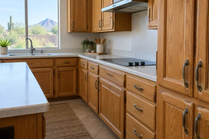 Dated honey oak kitchen cabinets with worn finish around the handles