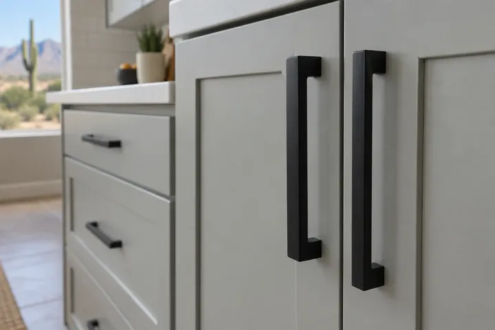 Close-up of new matte black cabinet pulls on painted cabinet doors