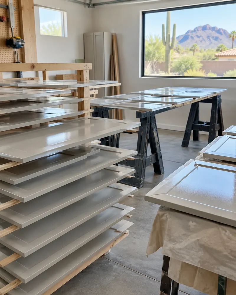 Freshly sprayed cabinet doors drying on racks in a clean workshop