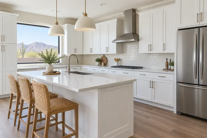 Kitchen cabinets painted a crisp white with a smooth sprayed finish