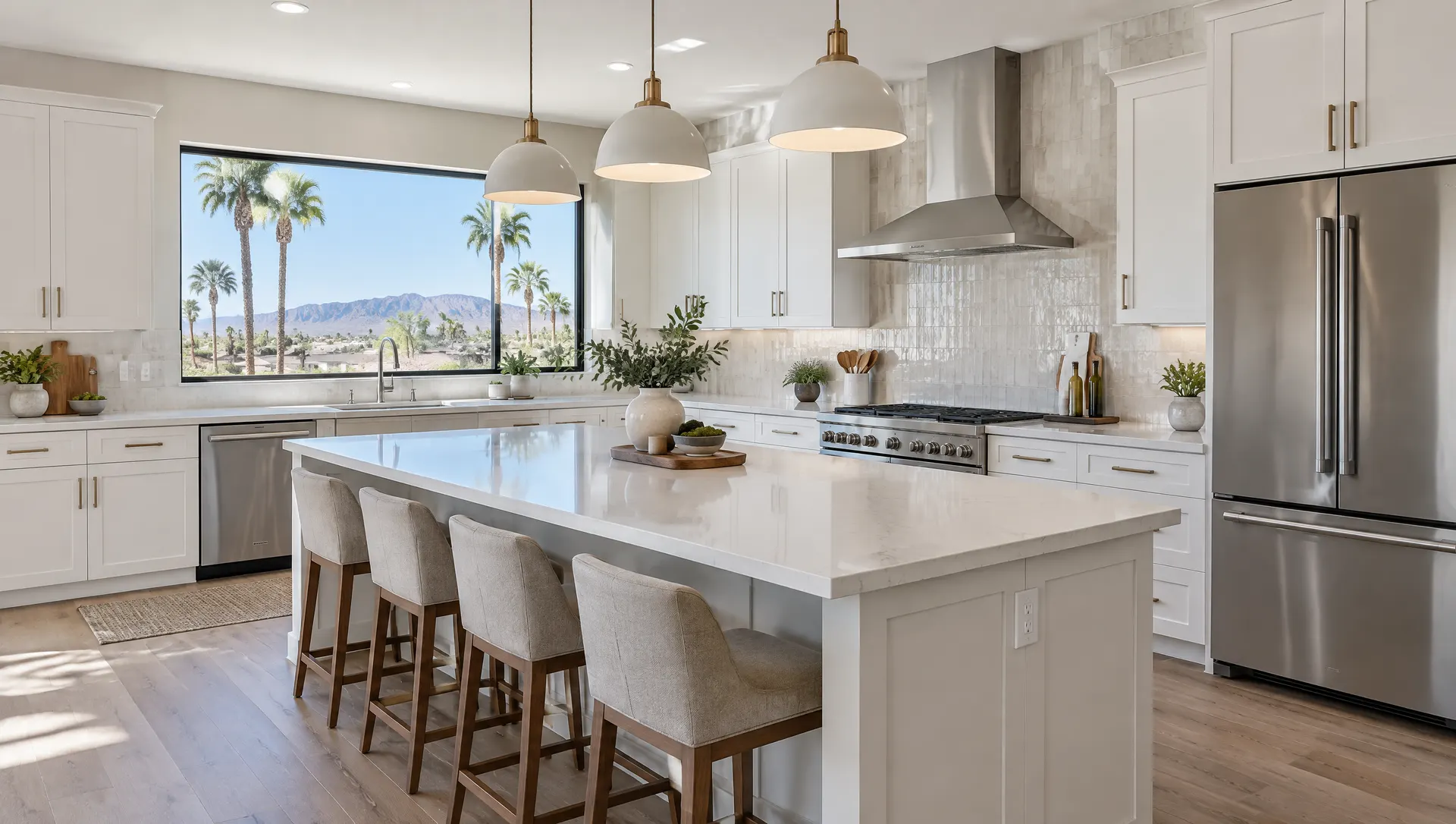 Newly remodeled open kitchen with white shaker cabinets, a large quartz island with pendant lights, a full-height tile backsplash, stainless appliances and a window with palm trees and blue desert sky