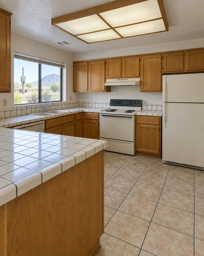Dated 1980s kitchen with honey oak cabinets, tile countertops with dark grout, almond appliances and fluorescent box lighting, ready for a remodel