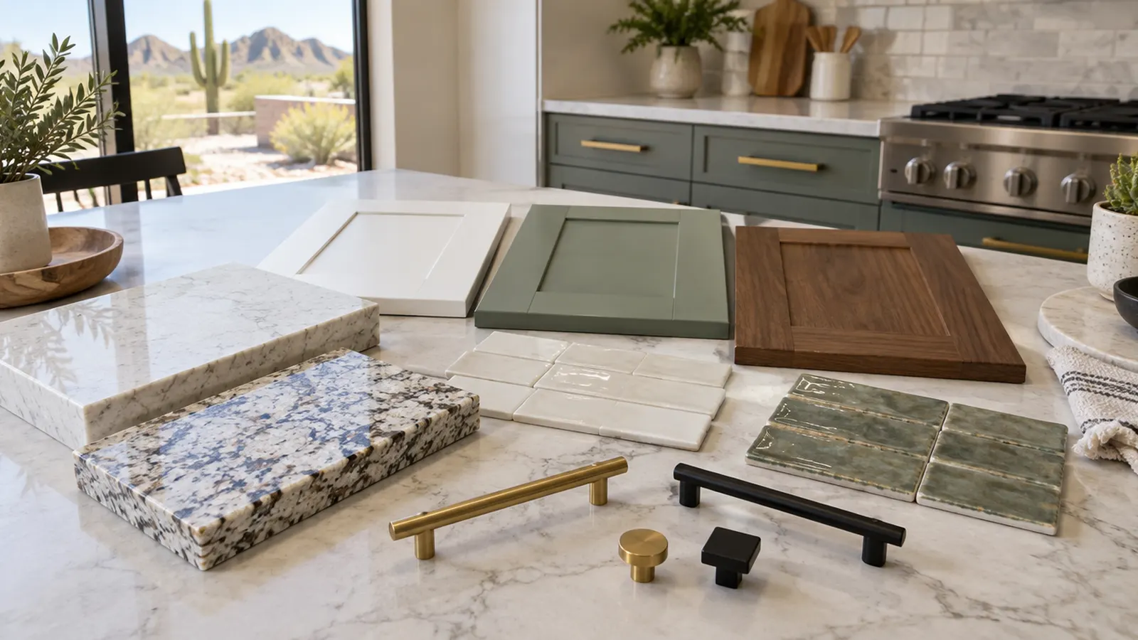 Kitchen remodel samples on a counter: quartz and granite countertop pieces, cabinet door samples in white, green and walnut, backsplash tiles and brass and black pulls