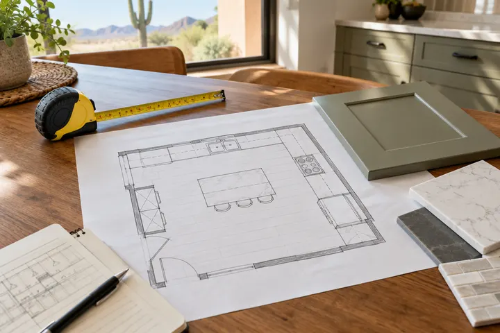 Kitchen floor plan sketch with tape measure and cabinet door sample on a table, planning a new layout