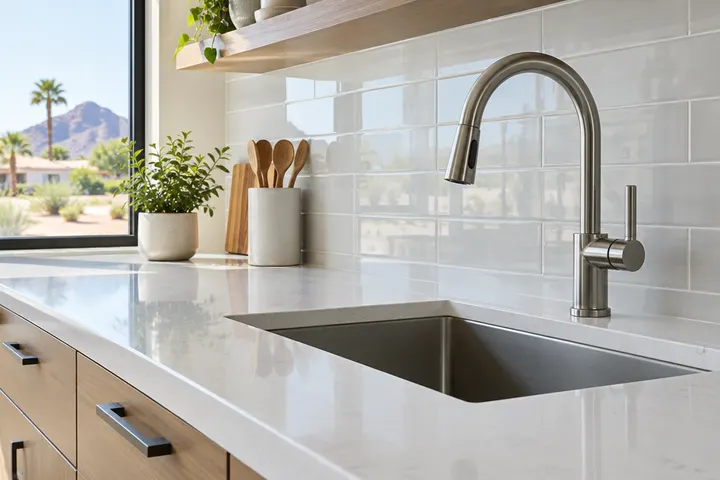 Easy-to-clean quartz countertop and porcelain backsplash wiped clean next to a modern faucet