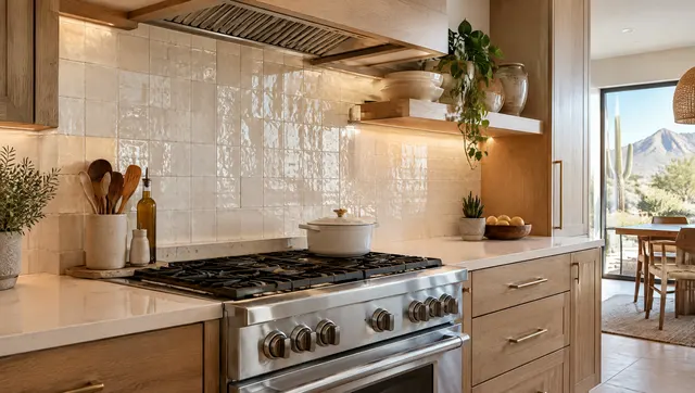 Handmade-look glossy tile backsplash in warm white running behind a range and up to a floating shelf, with under-cabinet lighting