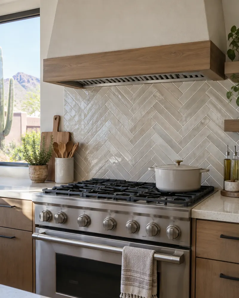 Herringbone tile backsplash behind a kitchen range