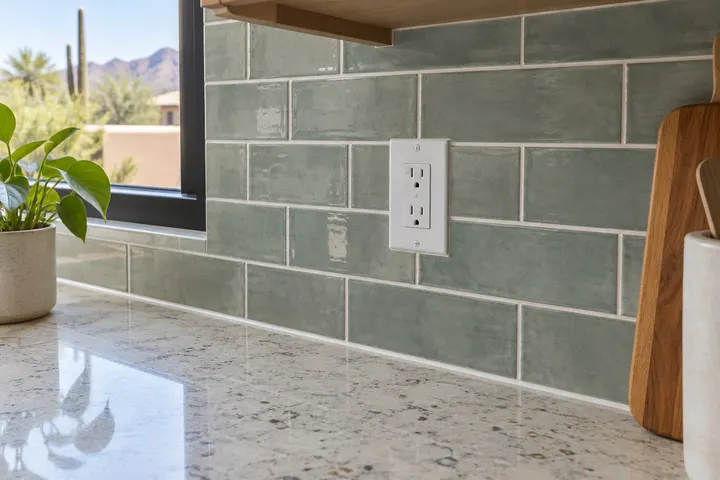 Close-up of a tile backsplash with neatly cut tile around an outlet and a clean caulked edge at the counter