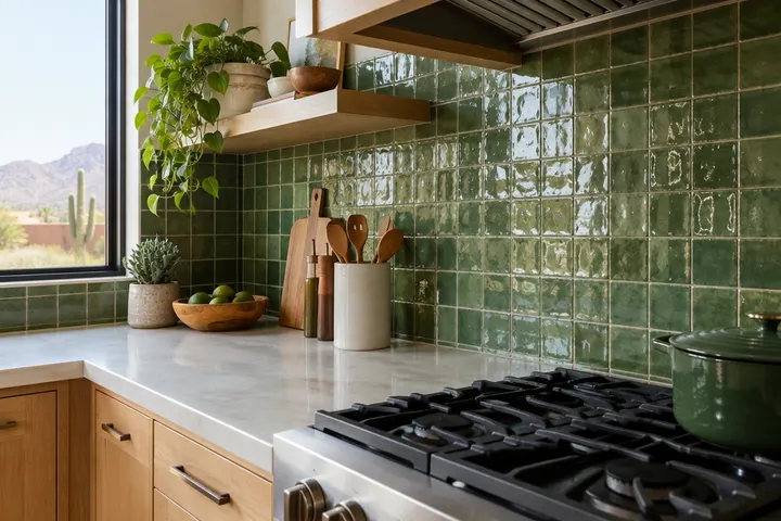 Glossy handmade-look green zellige tile backsplash