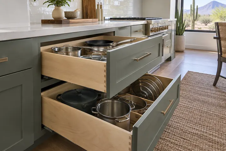 Deep base drawers instead of doors, open to show pots and lids