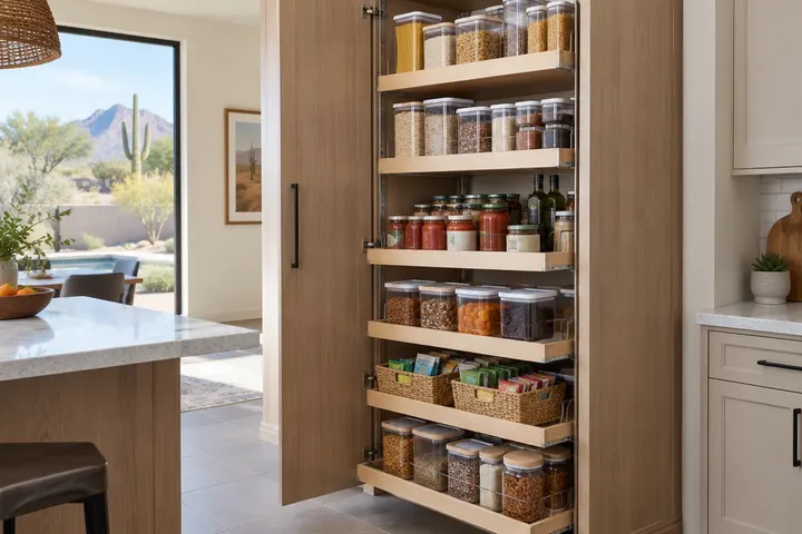 Tall pantry cabinet with pull-out shelves full of organized food