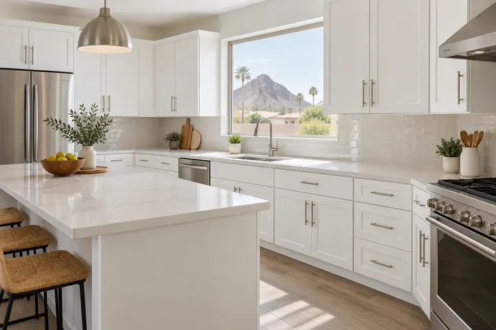 White shaker kitchen cabinets with brushed nickel pulls