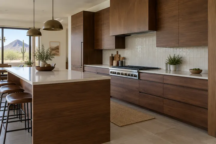 Warm walnut flat-panel kitchen cabinets with a matte finish