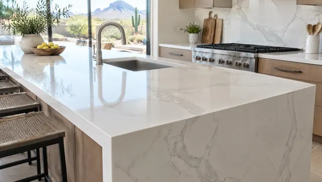 Close view of a newly installed white quartz kitchen countertop with soft gray veining, undermount sink and a waterfall edge on the island
