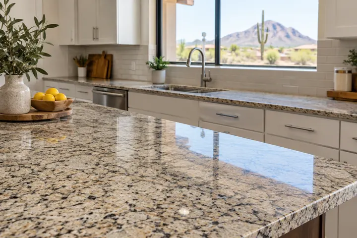 Speckled granite kitchen countertop with a polished finish