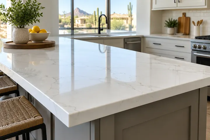 White quartz kitchen countertop with subtle veining and a mitered edge