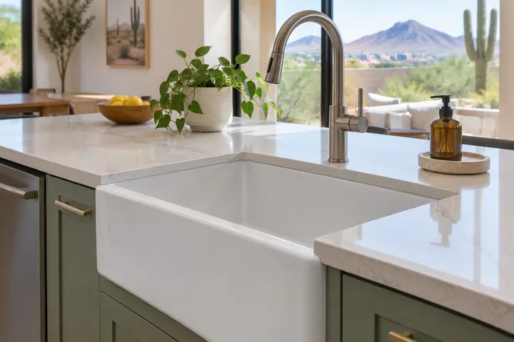 Undermount farmhouse sink set in a quartz countertop with a modern faucet