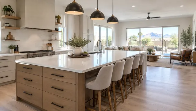 Large kitchen island with seating for four, a quartz top with overhang, pendant lights and storage drawers, in an open-concept room