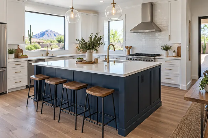 Navy blue painted kitchen island contrasting with white perimeter cabinets