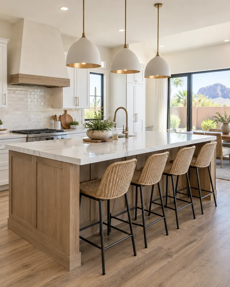 Kitchen island with bar stools and pendant lights in a bright kitchen