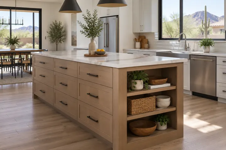 Island with drawers and open shelving on the end