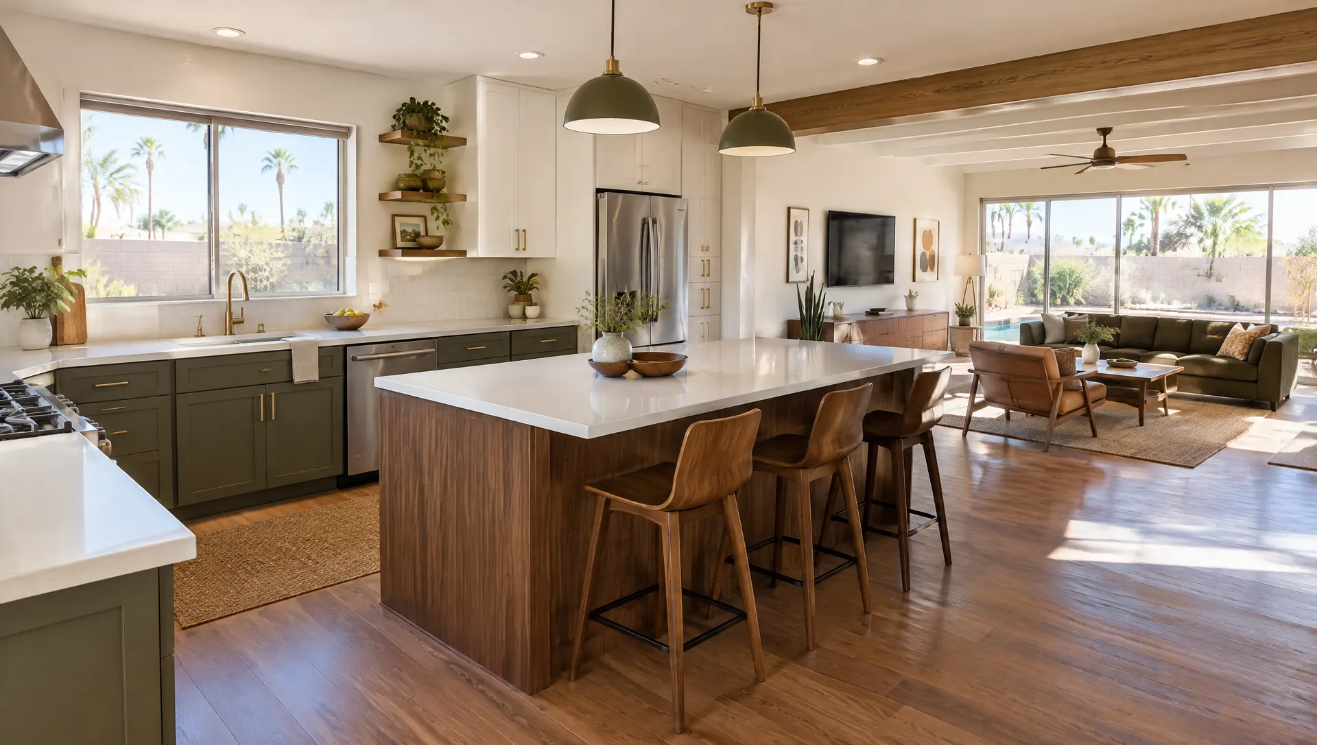 Wide view of a fully remodeled kitchen in a mid-century Tempe ranch home: wall opened to the living room, two-tone cabinets, quartz counters, warm wood floors, afternoon light