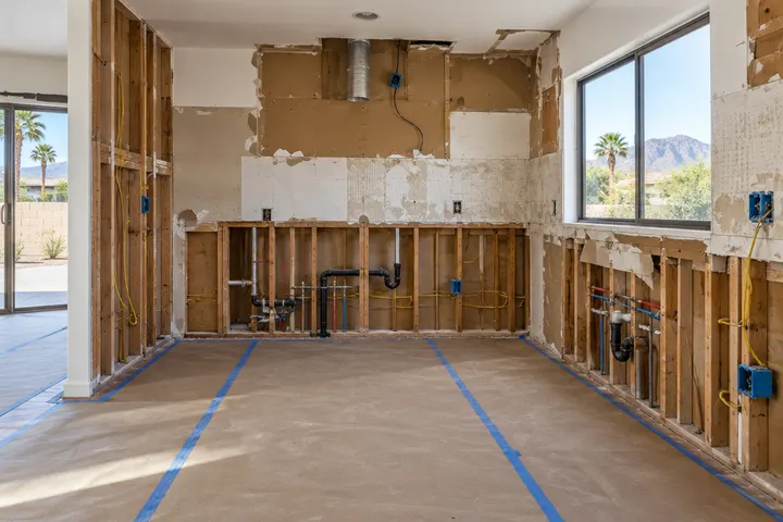 Kitchen stripped during demolition: cabinets removed, drywall open, plumbing and wiring exposed, floor protected