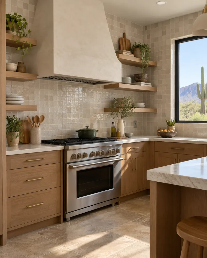 Remodeled kitchen corner with a range under a plaster hood, tile backsplash to the ceiling and open wood shelves